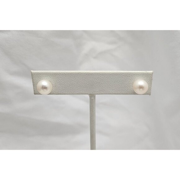 Beautiful 14K Karat Solid Yellow Gold Designer Round Pearl Stud Earrings - Picture 11 of 16